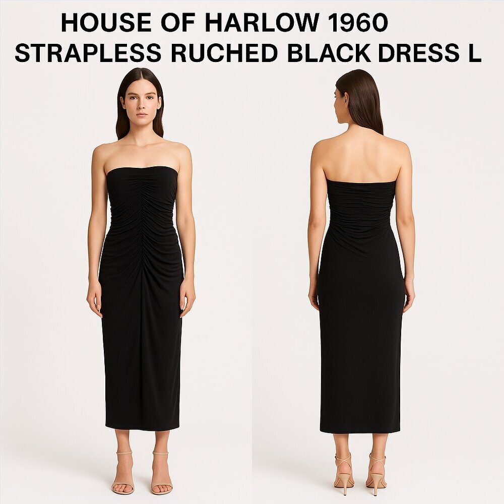 HOUSE OF HARLOW 1960 Strapless Ruched Black Dress L